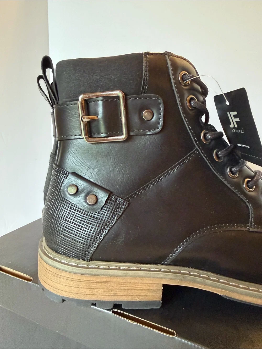 jf j.ferrar Black Lace-Up Men's Ankle Boots with Buckle